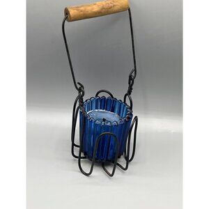 Cobalt Blue Glass Candle Holder With Iron Holder Wood Handle Primitive Look 4.5"